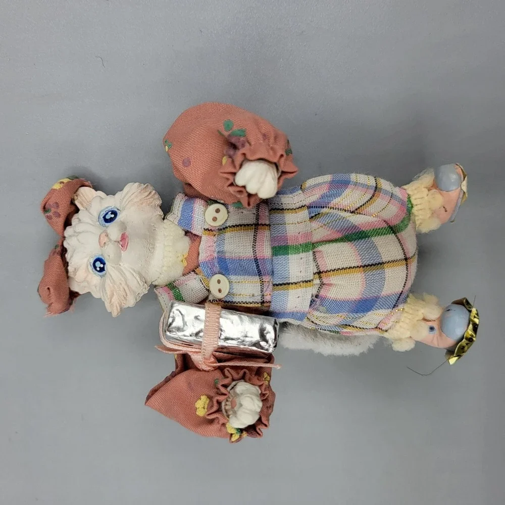 Vintage Victoria Impex White Cat Doll Anthropomorphic Figurine Plaid Outfit 4